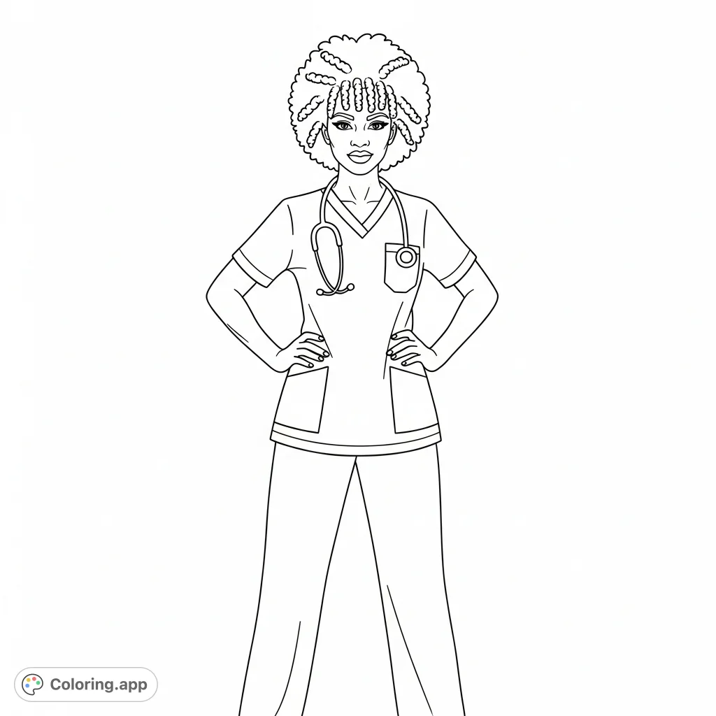 An inspiring African American nurse, standing confidently with an afro and hands on hips. A symbol of strength and care, perfect for a powerful coloring experience.