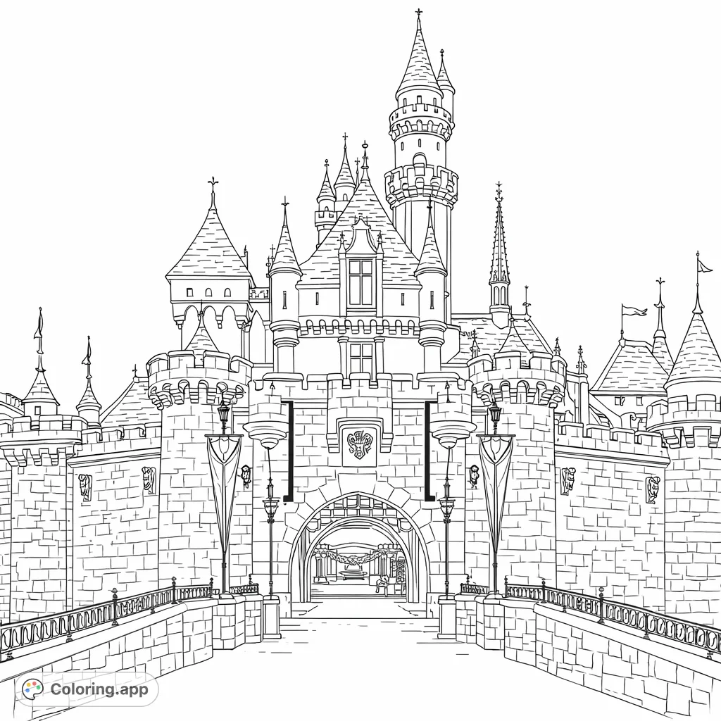 Step into a world of imagination with this grand castle coloring page, featuring intricate stone walls, towering spires, and a welcoming arched entrance.