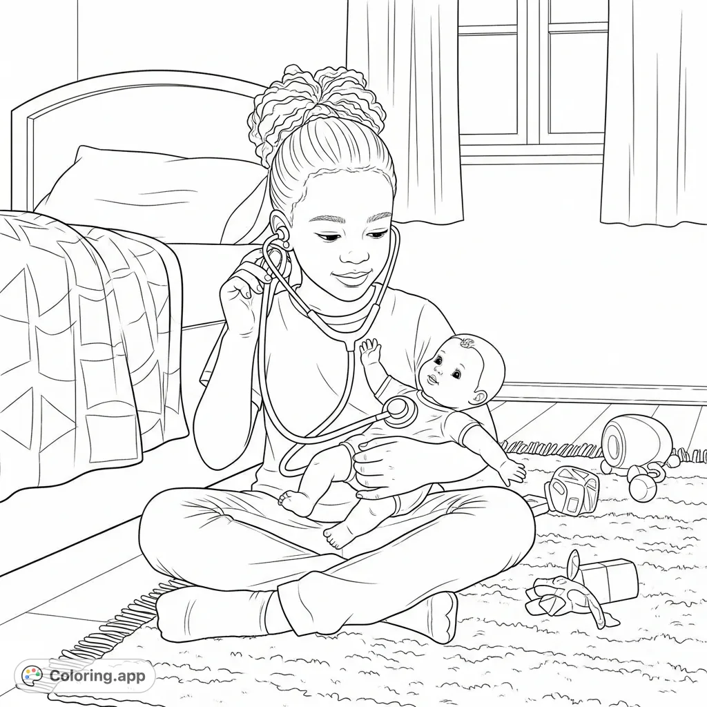 A sweet African American girl plays nurse in her bedroom, tenderly caring for her baby doll with a toy stethoscope. A heartwarming scene for imaginative play.