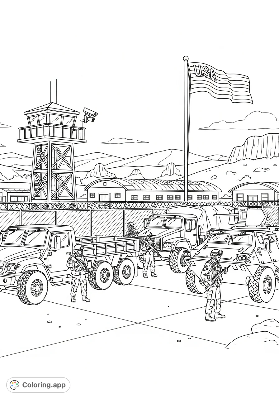 Colorable Military Base USA Army Base Scene - Coloring.app