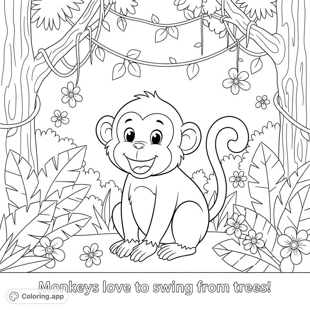 A cute, smiling monkey with a curving tail sits amidst a vibrant jungle, surrounded by lush leaves, winding vines, and blooming flowers, perfect for young colorists.