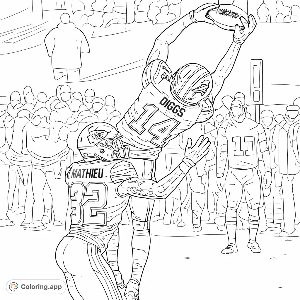 Dynamic football scene featuring an airborne receiver making a spectacular catch over a defending player, capturing intense gridiron action.