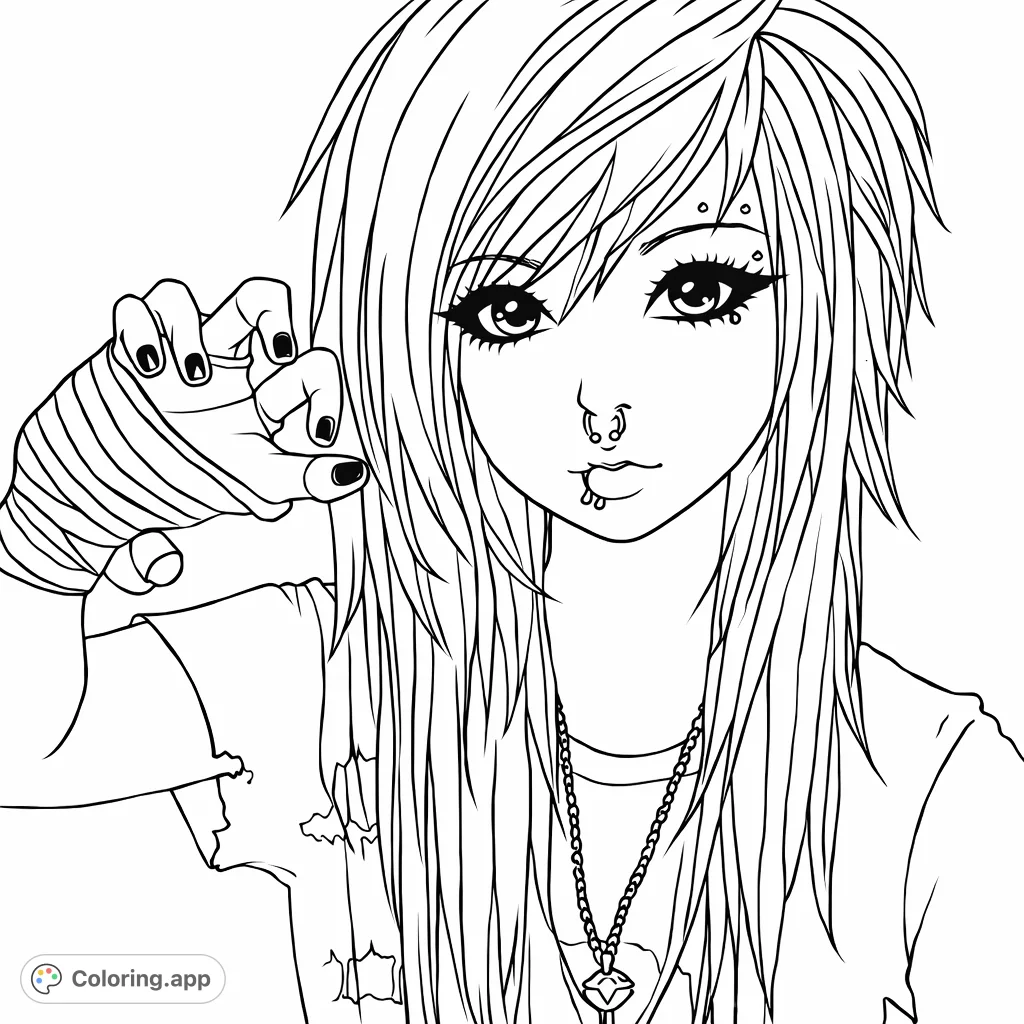 Explore alternative fashion with this detailed emo-punk portrait coloring page. Features layered hair, bold makeup, unique piercings, and stylish accessories.