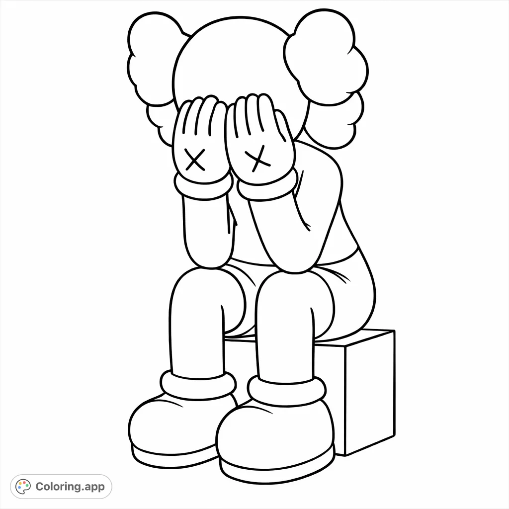 A unique X-eyed character sits on a block, hands over its face. A creative and modern coloring page for fans of contemporary art and expressive designs.