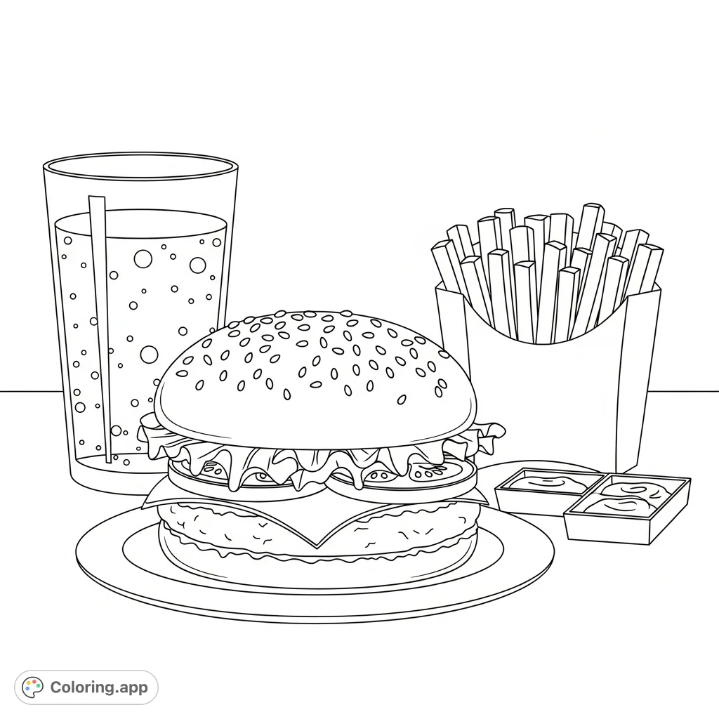 A delicious classic hamburger with a plump bun, sesame seeds, patty, cheese, lettuce, and tomato, alongside fries, a beverage, and condiment boxes for a fun coloring experience.