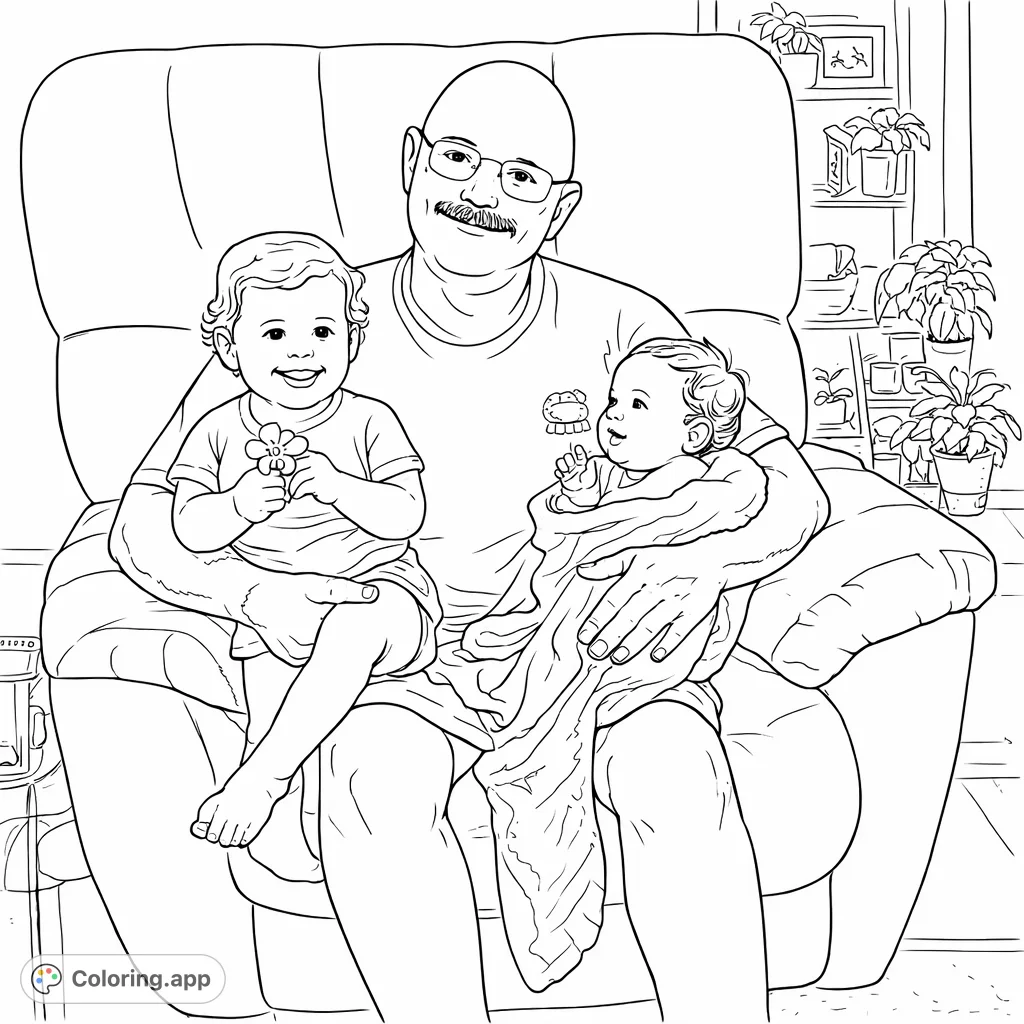 A heartwarming family scene featuring a grandparent with two smiling grandchildren, a toddler and a baby, nestled comfortably in a cozy armchair. Perfect for all ages.