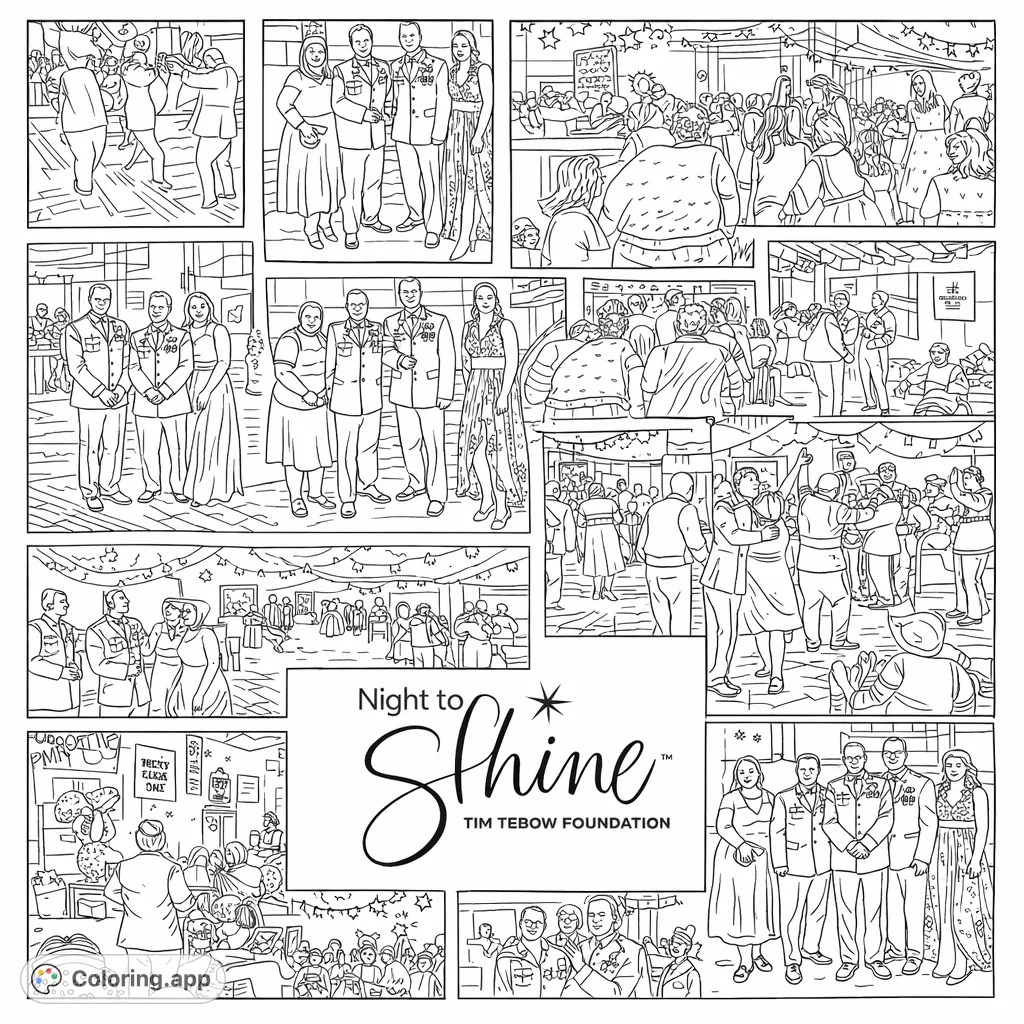 Capture the joy of a formal celebration with this intricate coloring page featuring guests in elegant attire, military uniforms, and festive event decorations.