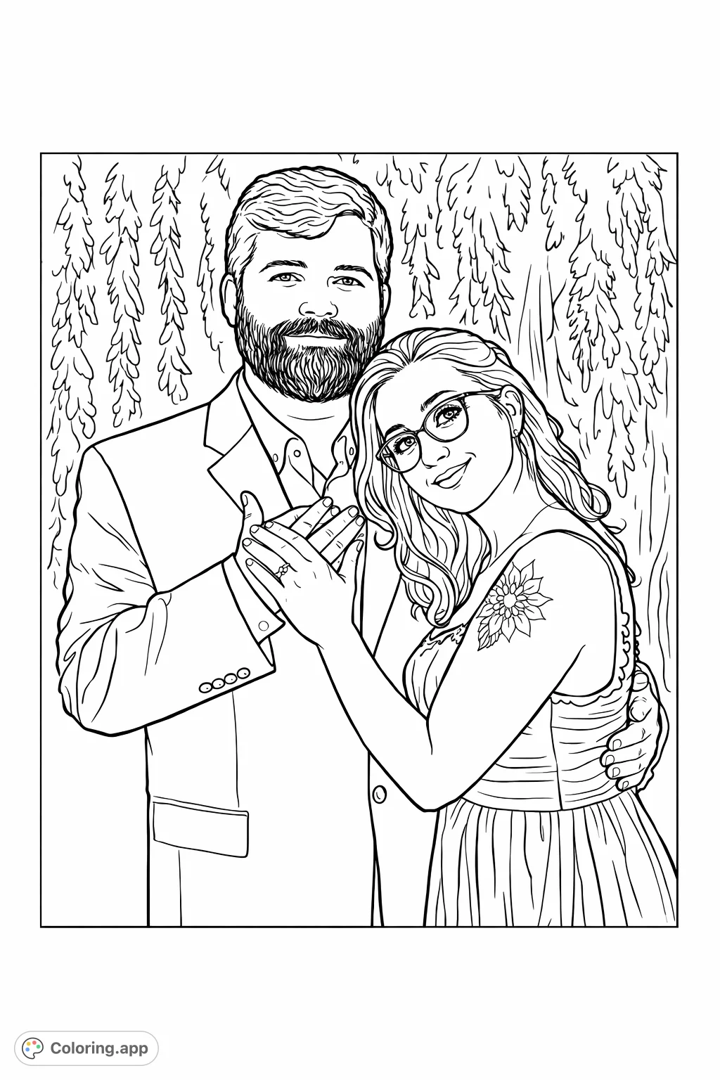 Capture a loving couple embracing in a serene outdoor setting, surrounded by natural foliage. Features intricate details on clothing and expressions.