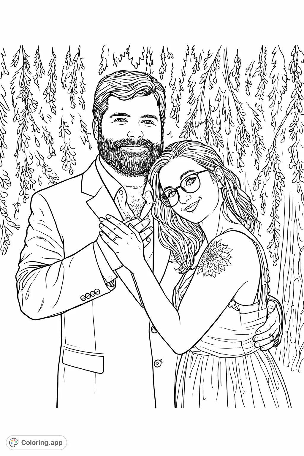 A heartwarming couple portrait, perfect for coloring. Features a man in a suit and a woman in a ruffled dress, with a detailed tree background.