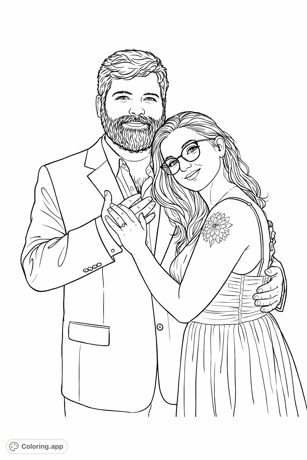 Capture the warmth of love with this romantic couple's portrait coloring page. Perfect for celebrating relationships, adding a personal touch.