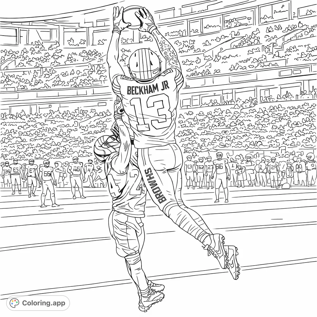 Dynamic football player leaps high to make a game-changing catch in the end zone, a thrilling moment for sports enthusiasts.