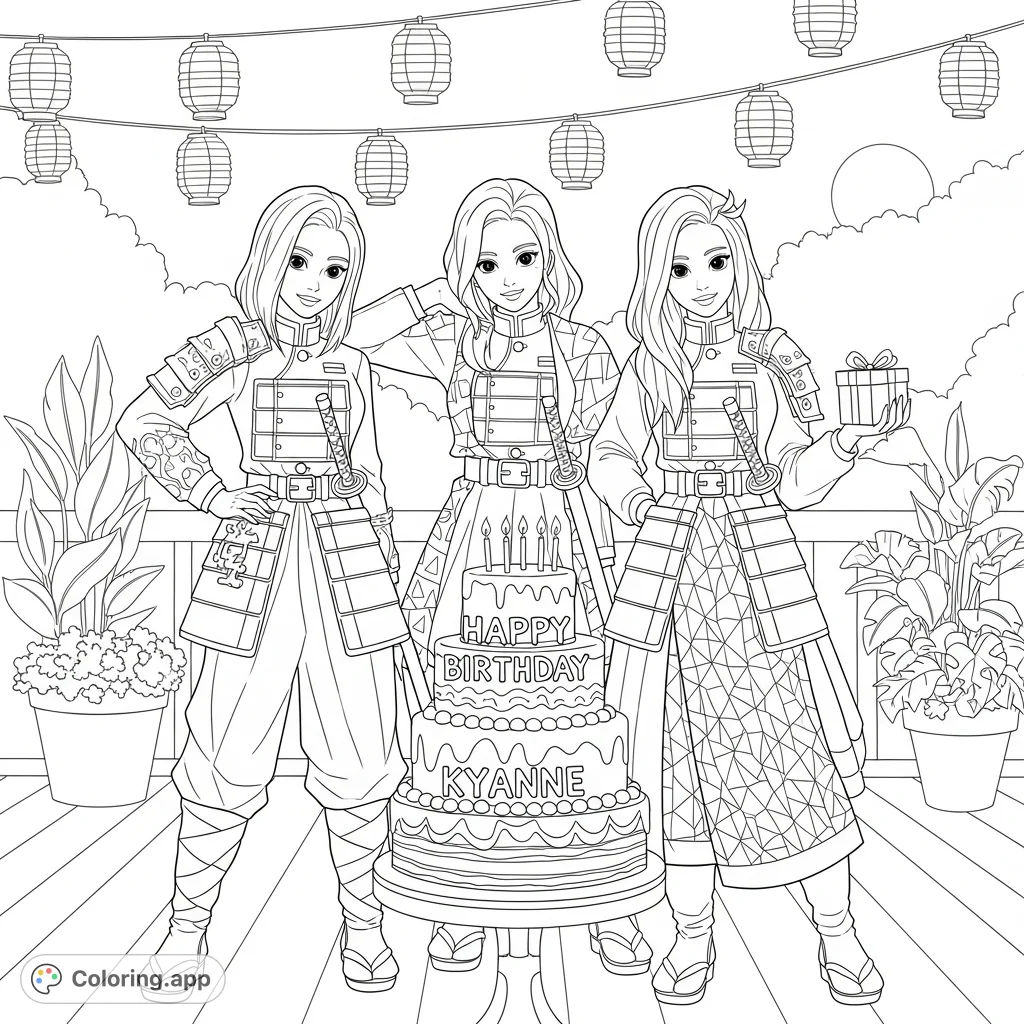 Celebrate KyAnne's birthday with Kpop-inspired demon hunter girls Rumi, Mira, and their friend, striking dynamic poses beside a grand cake!