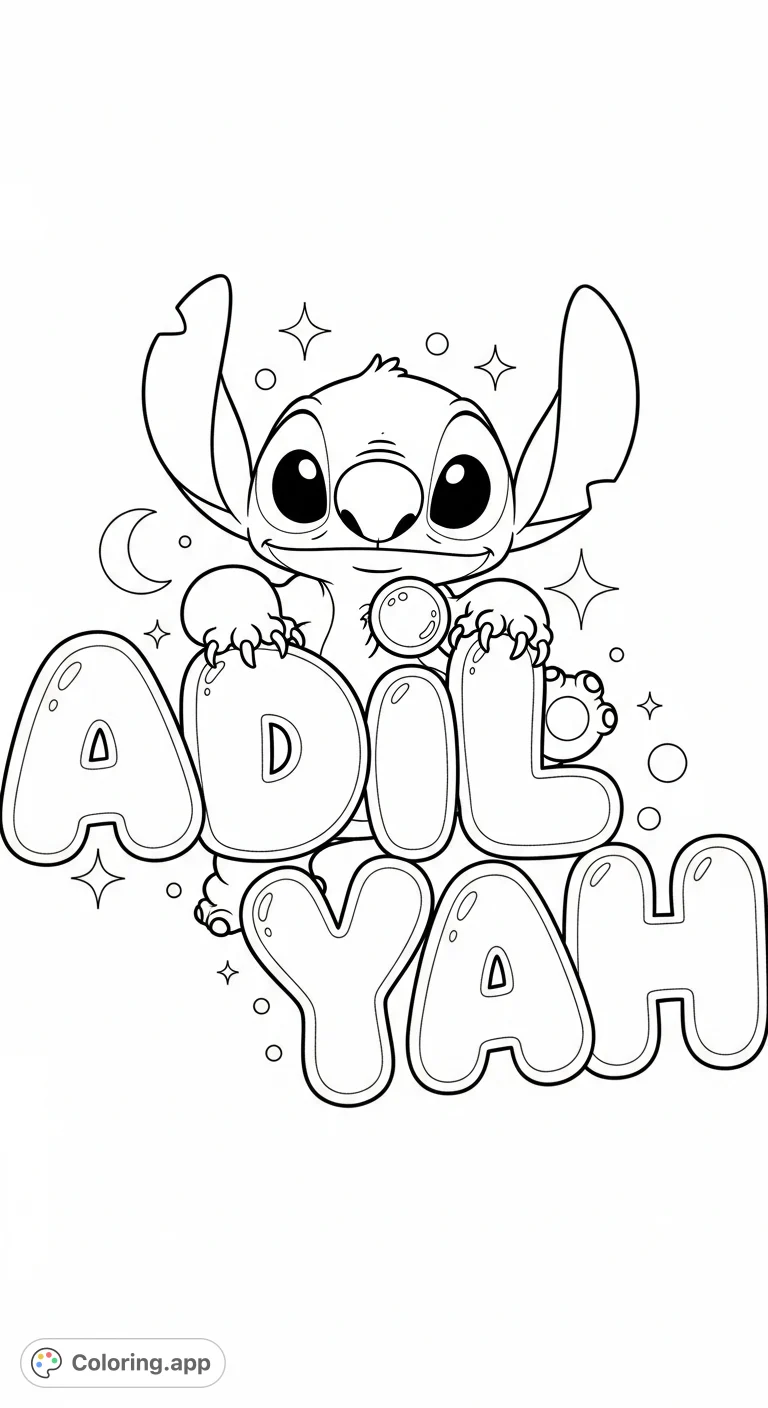 Join Stitch in a playful moment with the personalized bubble letters of 'Adilayah'. A fun and unique free printable coloring page for fans of the mischievous alien.