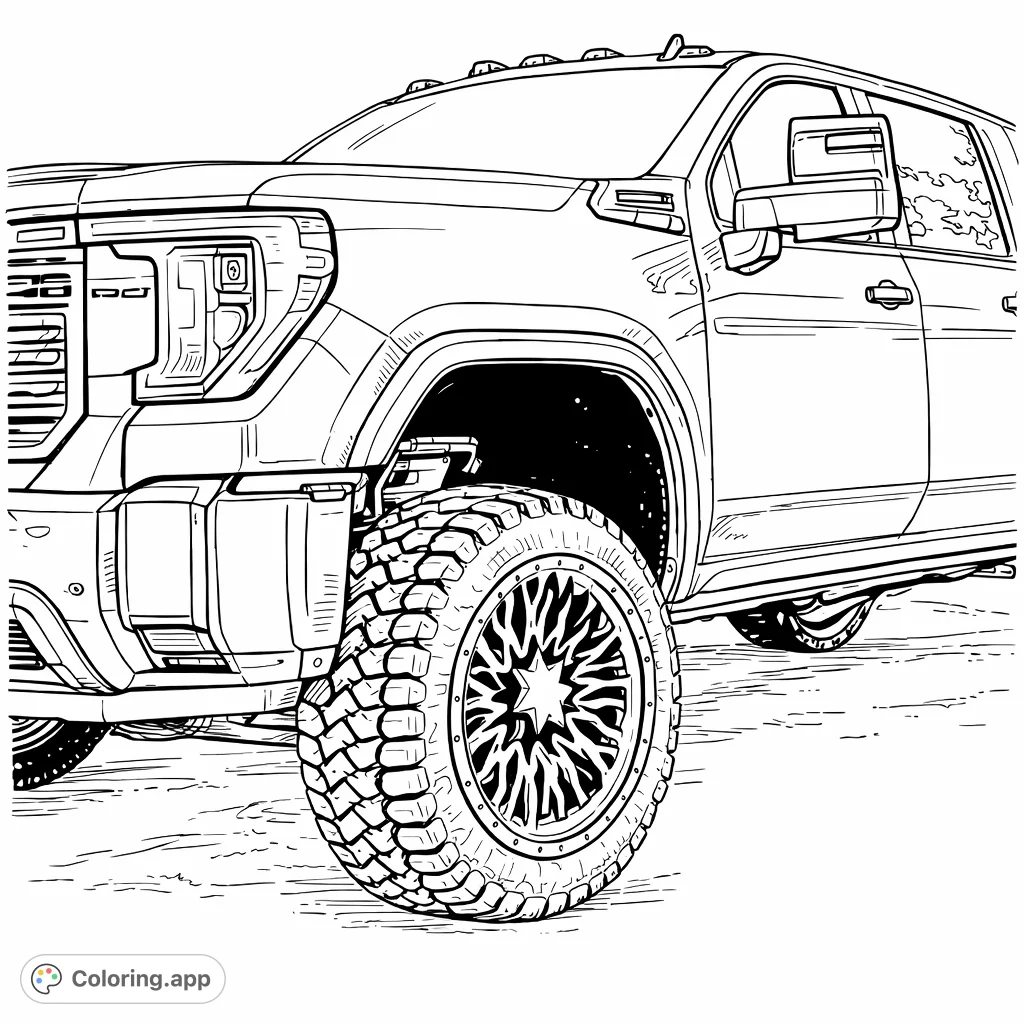 Unleash your creativity on this detailed pickup truck coloring page. Features a rugged design with a prominent grille, intricate wheels, and textured tires.