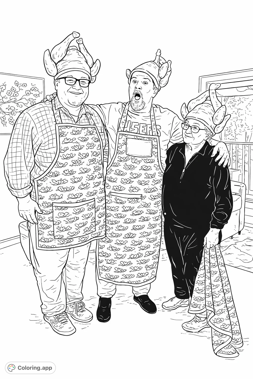 Celebrate with this festive Thanksgiving coloring page featuring three cheerful individuals wearing funny turkey hats and patterned aprons. Perfect for holiday joy!