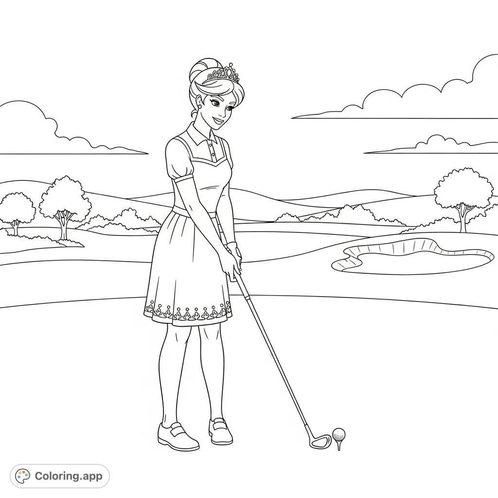 A regal princess is poised to strike a golf ball on a meticulously manicured course, wearing an elegant golf dress and tiara, ready for a royal swing.