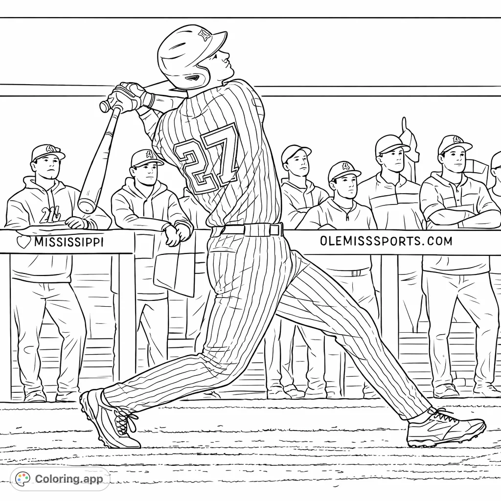 Dynamic baseball player batting at the plate, ready for a home run. Features striped uniform, helmet, and background crowd details for a thrilling sports coloring page.