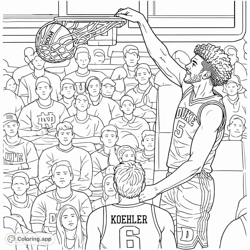 Capture the excitement of a basketball slam dunk! This dynamic sports coloring page features a player mid-dunk with spectators in the background.