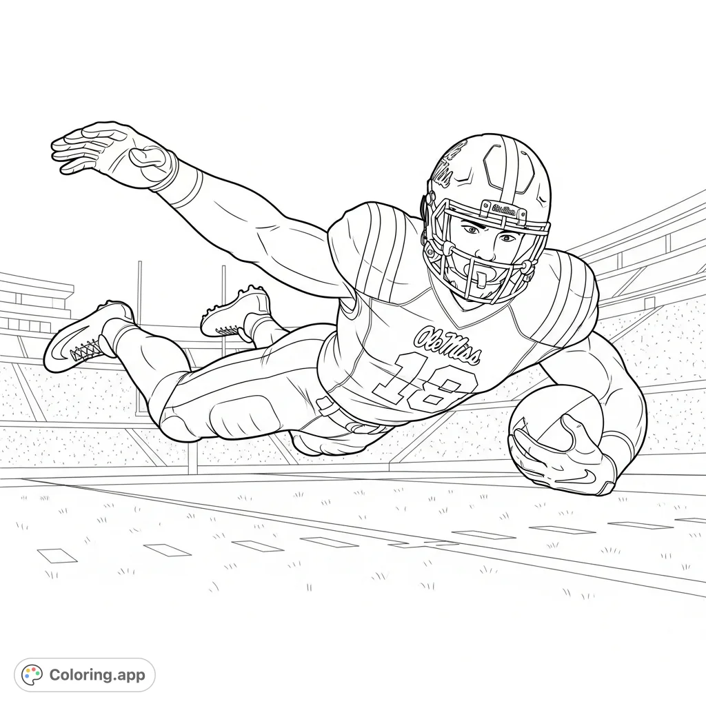 Dynamic football player coloring page capturing a thrilling touchdown dive. Features a detailed uniform, helmet with 'Ole Miss' logo, and the football.