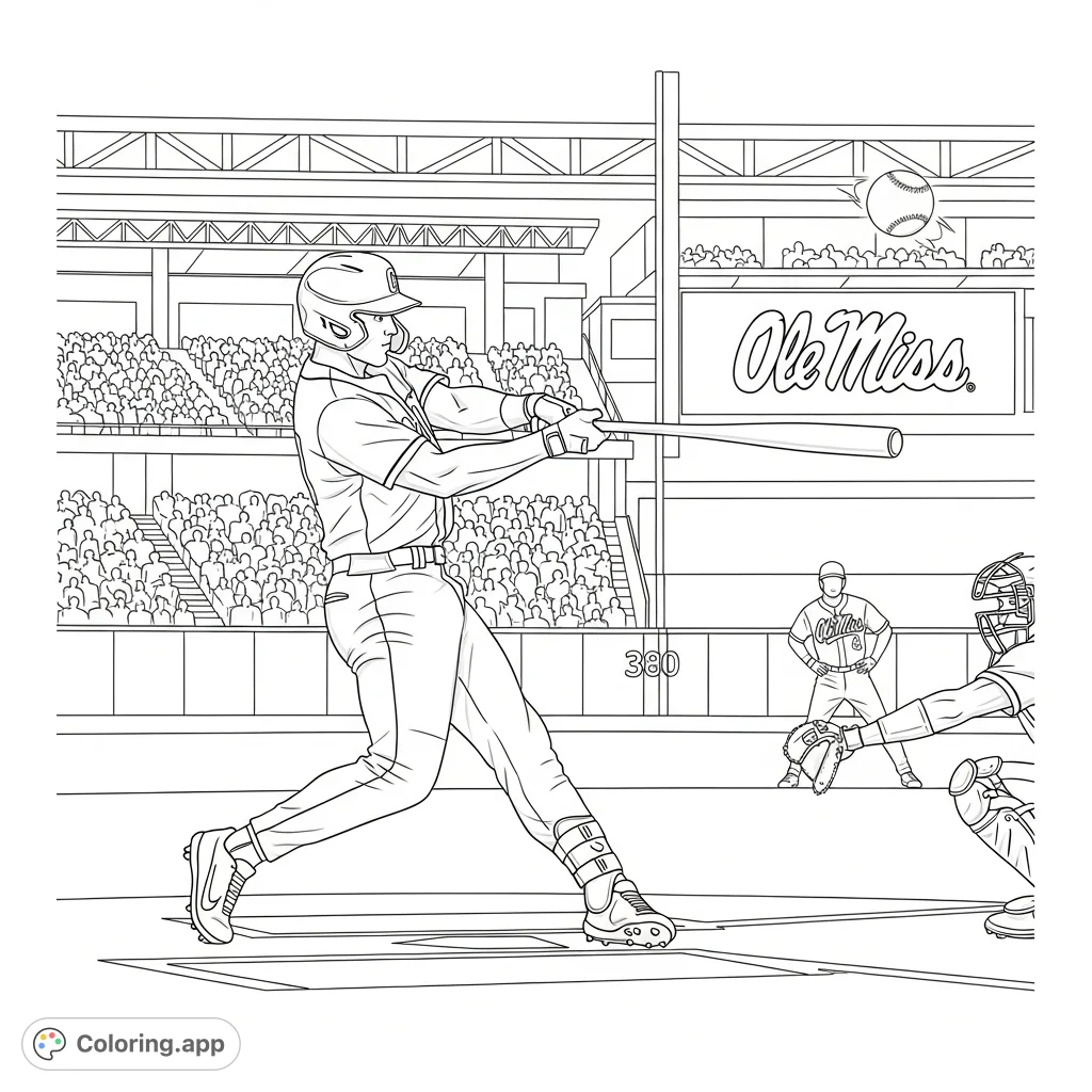 Experience the thrill of a baseball home run with this dynamic coloring page. A player mid-swing, ball soaring, and the Ole Miss logo in the stadium.