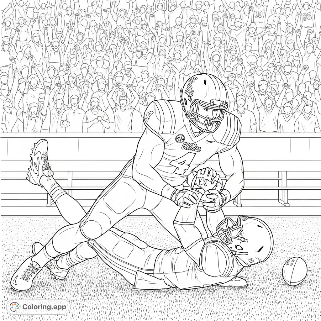 Dynamic Ole Miss #4 defense end sacks an opponent amidst a cheering stadium crowd. Perfect for football fans and sports enthusiasts.