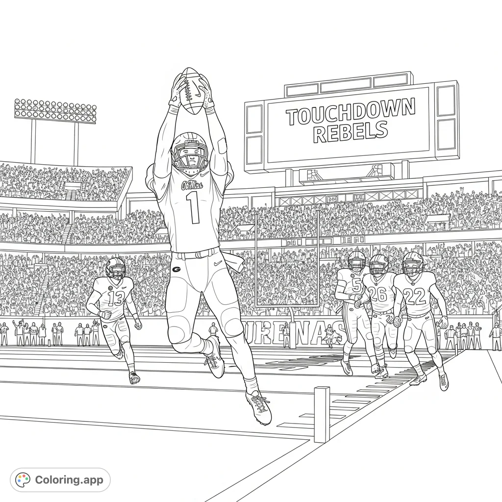Witness the thrilling moment: an Ole Miss Rebels player catches a touchdown pass against the Georgia Bulldogs amidst a storming, jubilant stadium crowd. Epic sports action!