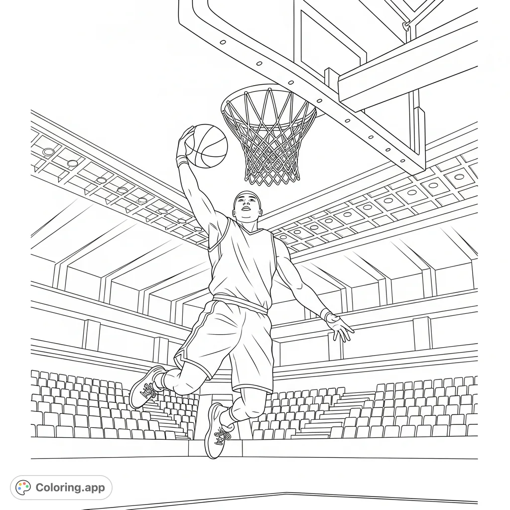 Experience the excitement of a slam dunk in a packed arena. This march madness coloring page captures a player mid-air, perfect for sports fans.