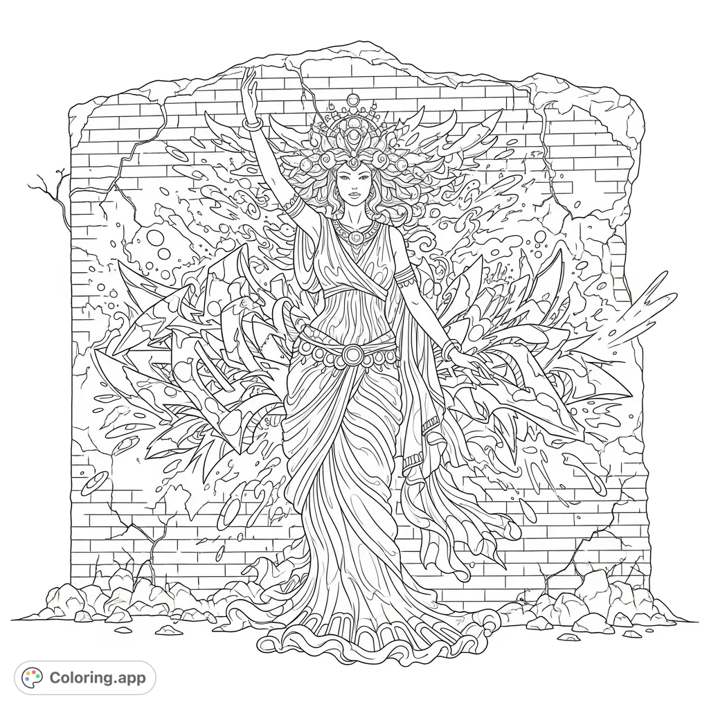Unleash your creativity with this goddess graffiti coloring page. A powerful deity emerges from a detailed brick wall, adorned with intricate patterns and urban art.
