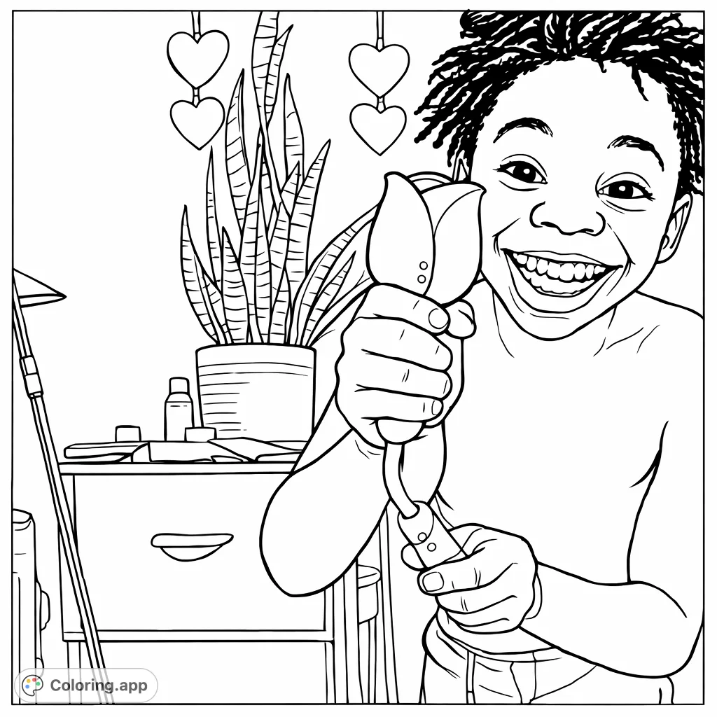 A smiling figure holds a unique rose-shaped object, surrounded by heart decor and a potted plant, offering a detailed and intriguing scene to color.