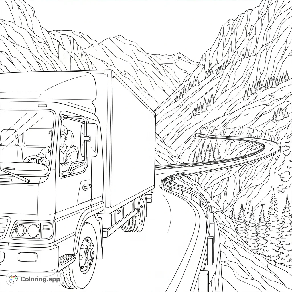A sturdy delivery truck ascends a winding mountain pass, driven by a focused delivery driver. Tackle the rugged terrain and scenic views in this engaging truck coloring page.