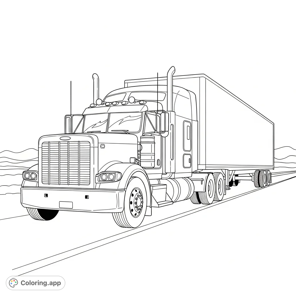 Color a detailed freight semi truck! This free printable semi truck coloring page features a powerful cab and a long trailer on an open road, perfect for vehicle enthusiasts.