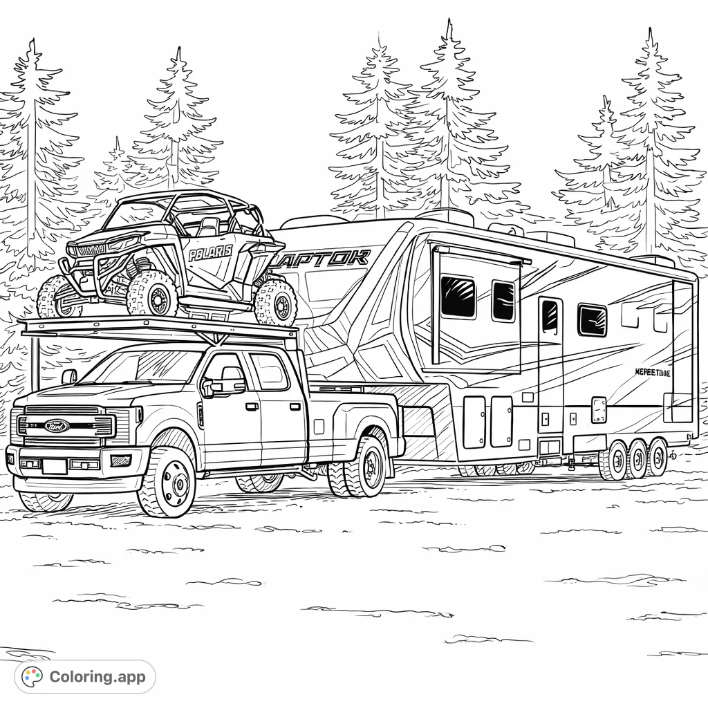 Color this detailed adventure setup: a powerful pickup truck towing a large toy hauler with an ATV loaded, set against a snow-dusted forest backdrop.