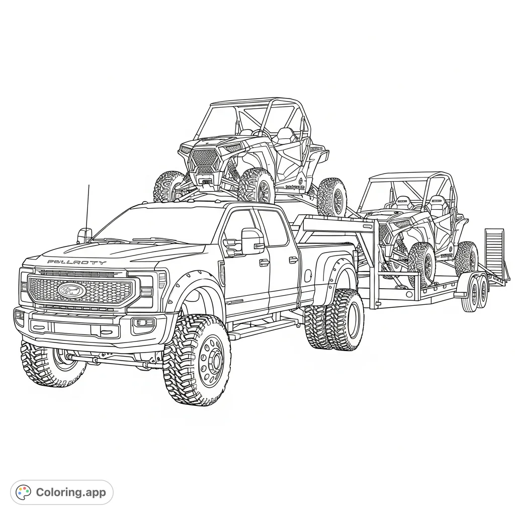 Powerful custom 2024 Ford F450 dually hauling two Polaris side-by-sides on a gooseneck trailer. An impressive off-road adventure scene.