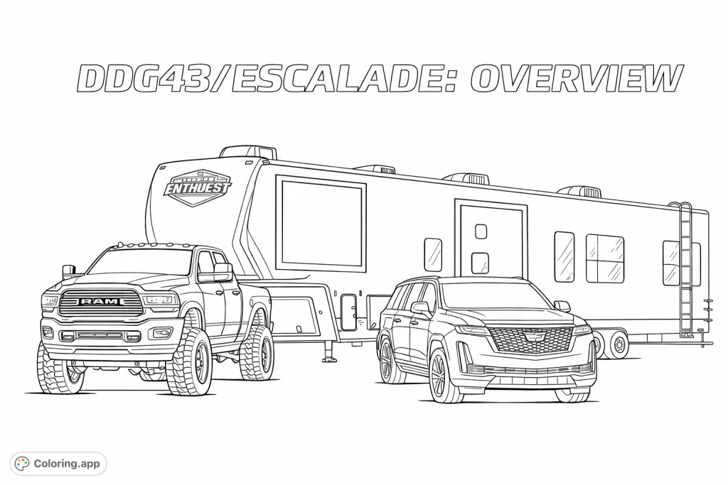 Color a robust pickup truck hitched to a large RV, alongside a sleek SUV, ready for adventure. This vehicles coloring page offers intricate details for enthusiasts.