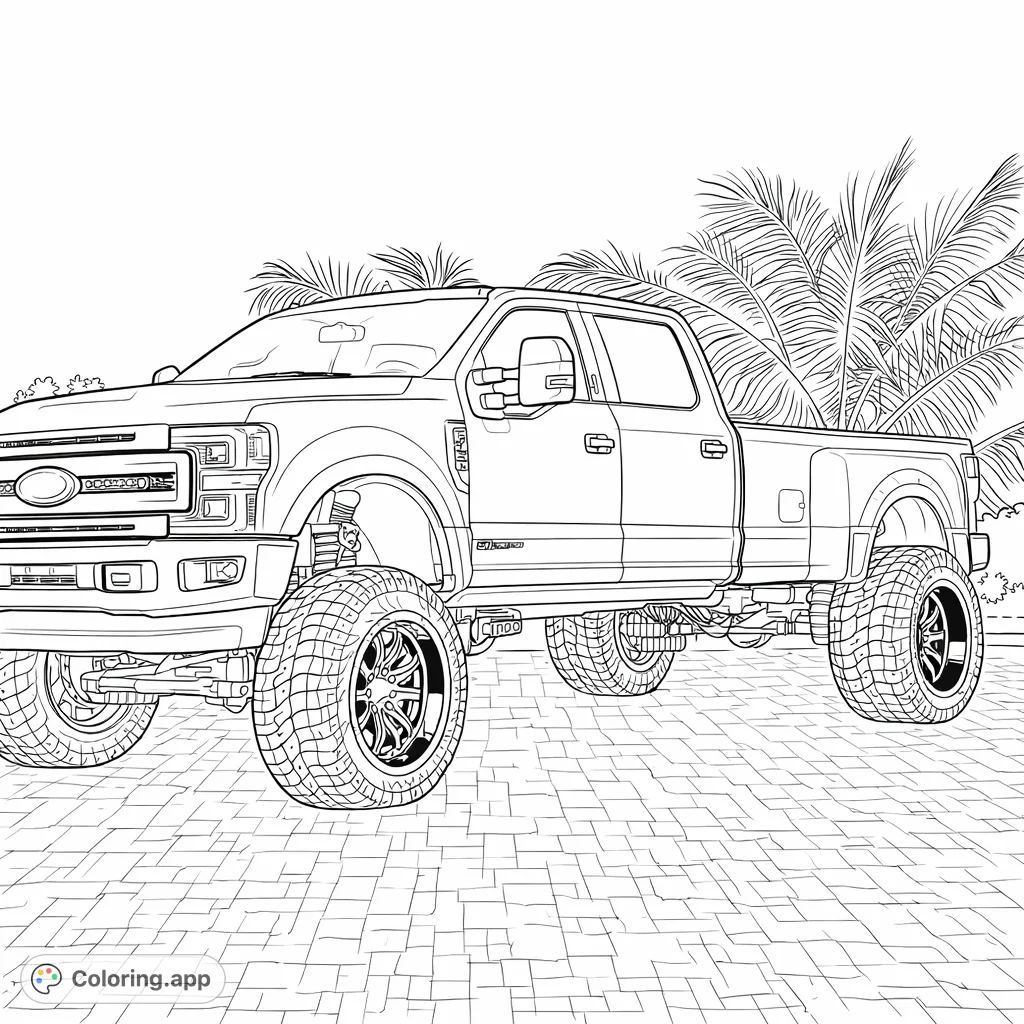 Color a powerful, lifted dually pickup truck with aggressive tires and intricate details, set against a tropical background. Perfect for automotive fans.