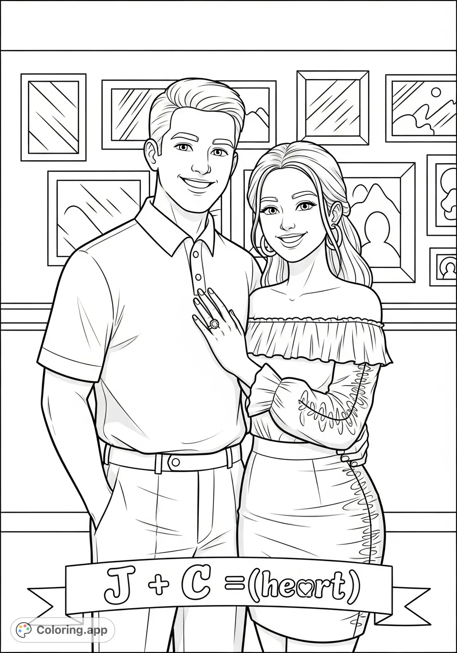 Capture the warmth of a smiling couple in a tender embrace, featuring detailed outfits, a prominent ring, and a simple interior setting with framed pictures.