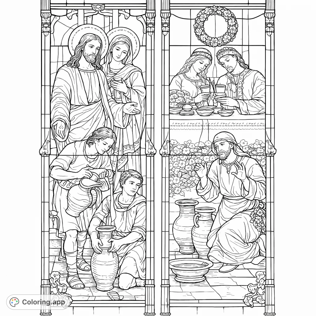 Immerse yourself in a beautifully detailed biblical scene, inspired by classic stained glass art. Perfect for thoughtful coloring.