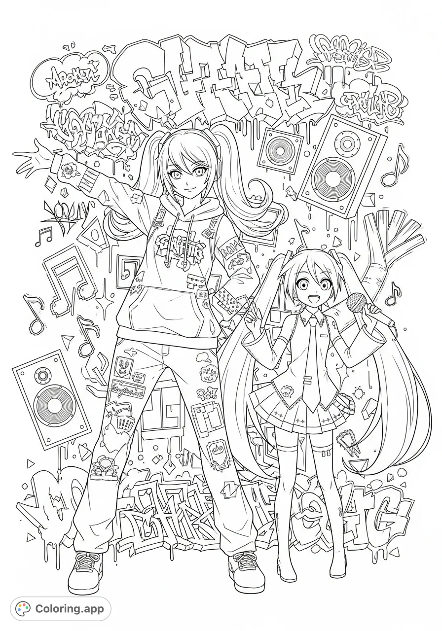 An energetic graffiti-style coloring page featuring Graffiti Marianna and Hatsune Miku amidst a vibrant street art background filled with Miku-themed musical elements.