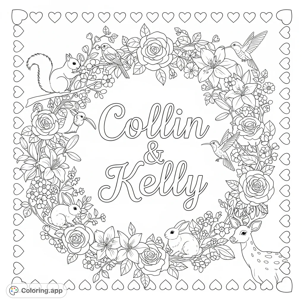 A beautiful names and nature coloring page featuring "Collin" and "Kelly" amidst a vibrant garden of flowers, wildlife, birds, and a heart border.