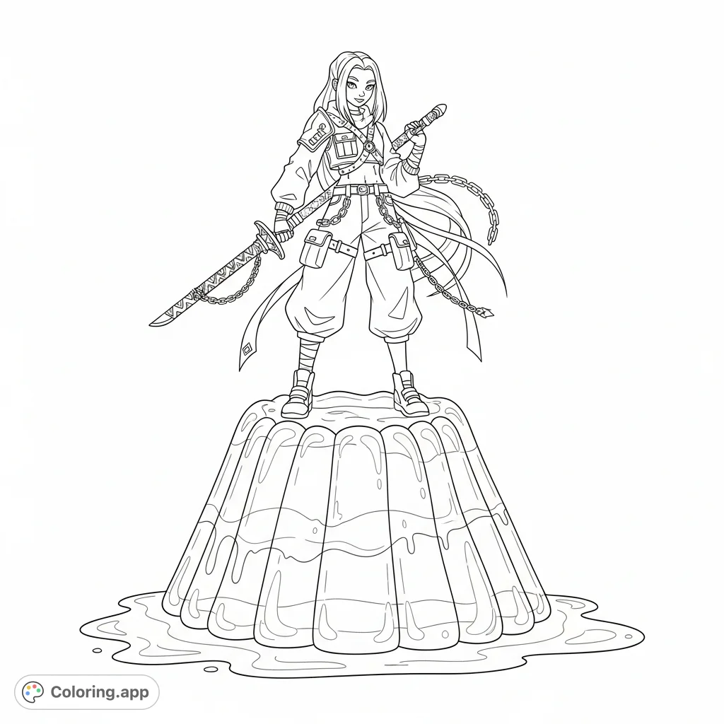 An exciting K-Pop demon hunter, Rumi, stands heroically on a wobbly Jello mountain. A unique and dynamic coloring adventure awaits!