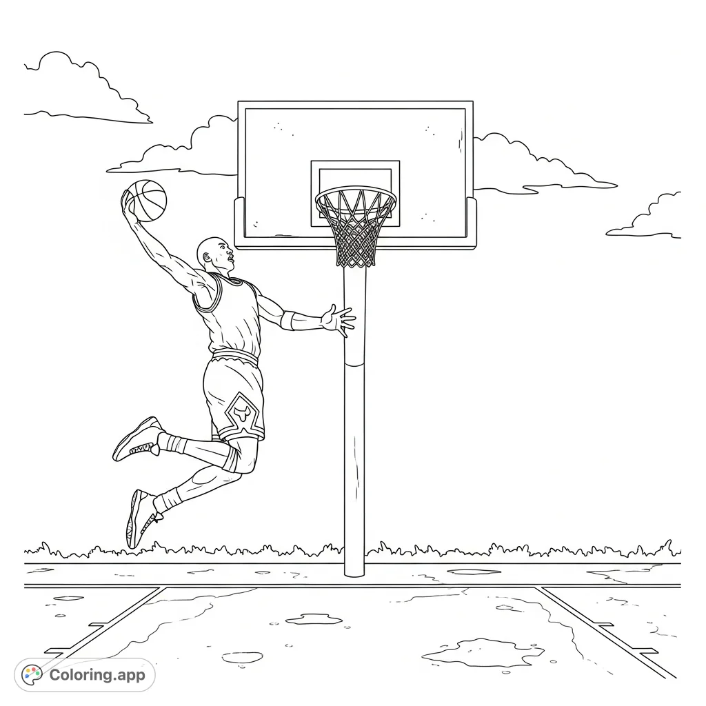 Capture the iconic moment of a basketball legend mid-air, performing a powerful slam dunk on a vibrant street court. Perfect for sports fans!