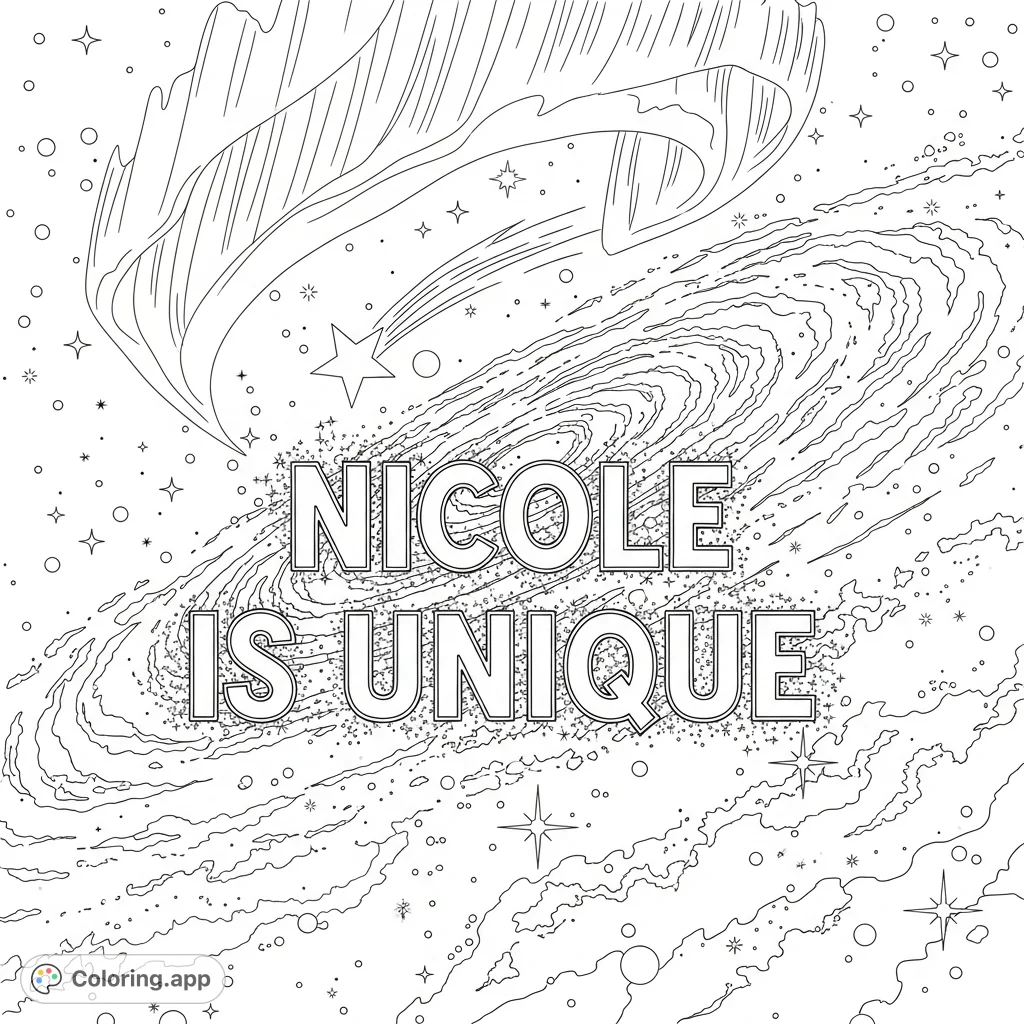 A personalized galaxy coloring page featuring 'NICOLE IS UNIQUE' amidst sparkling stars, a shooting star, and a beautiful aurora. Free printable cosmic art!