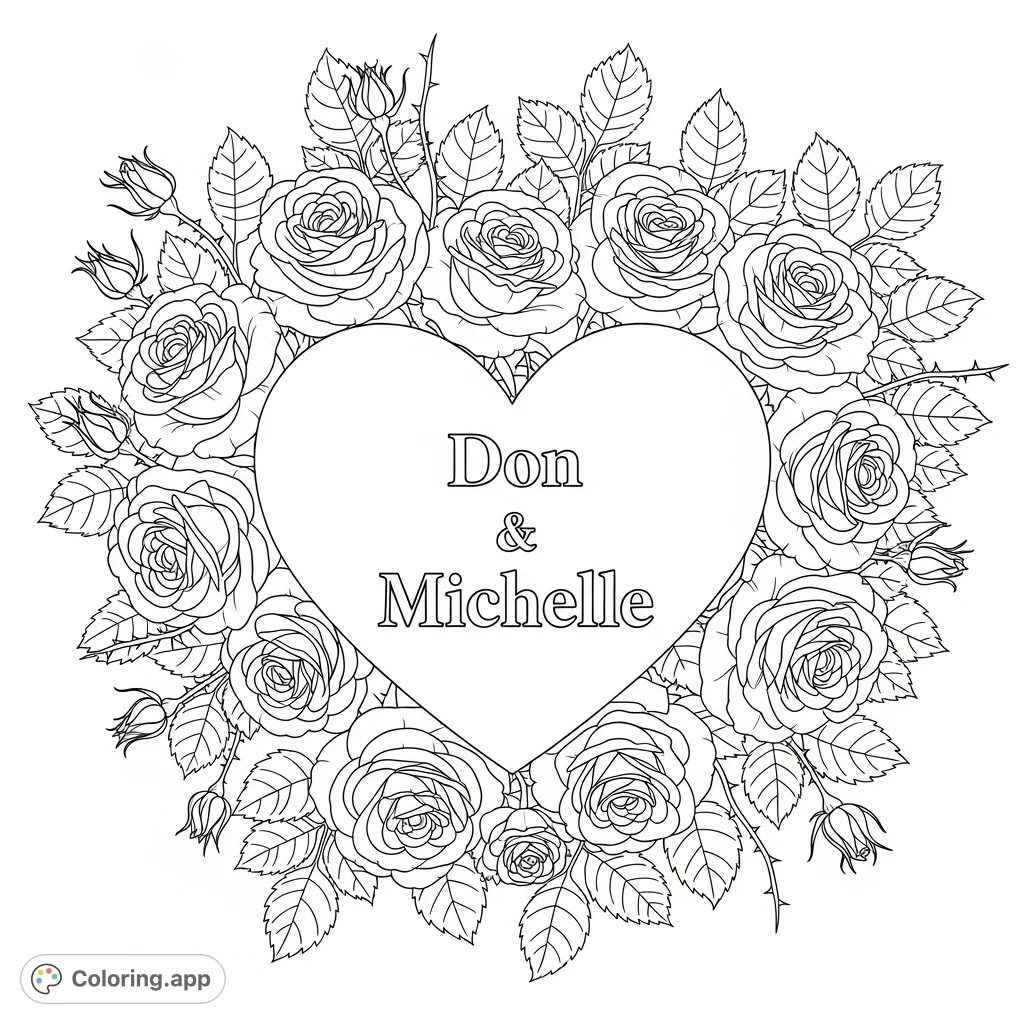 A beautiful heart featuring 'Ray' and 'Toni' is encircled by a dense, intricate arrangement of roses, leaves, and thorns, forming a lush, romantic frame.