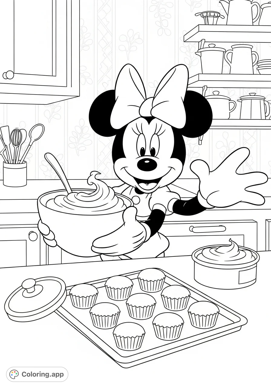 Join Minnie Mouse in her charming kitchen, stirring cake batter and surrounded by cupcakes, ready for a delightful coloring adventure!
