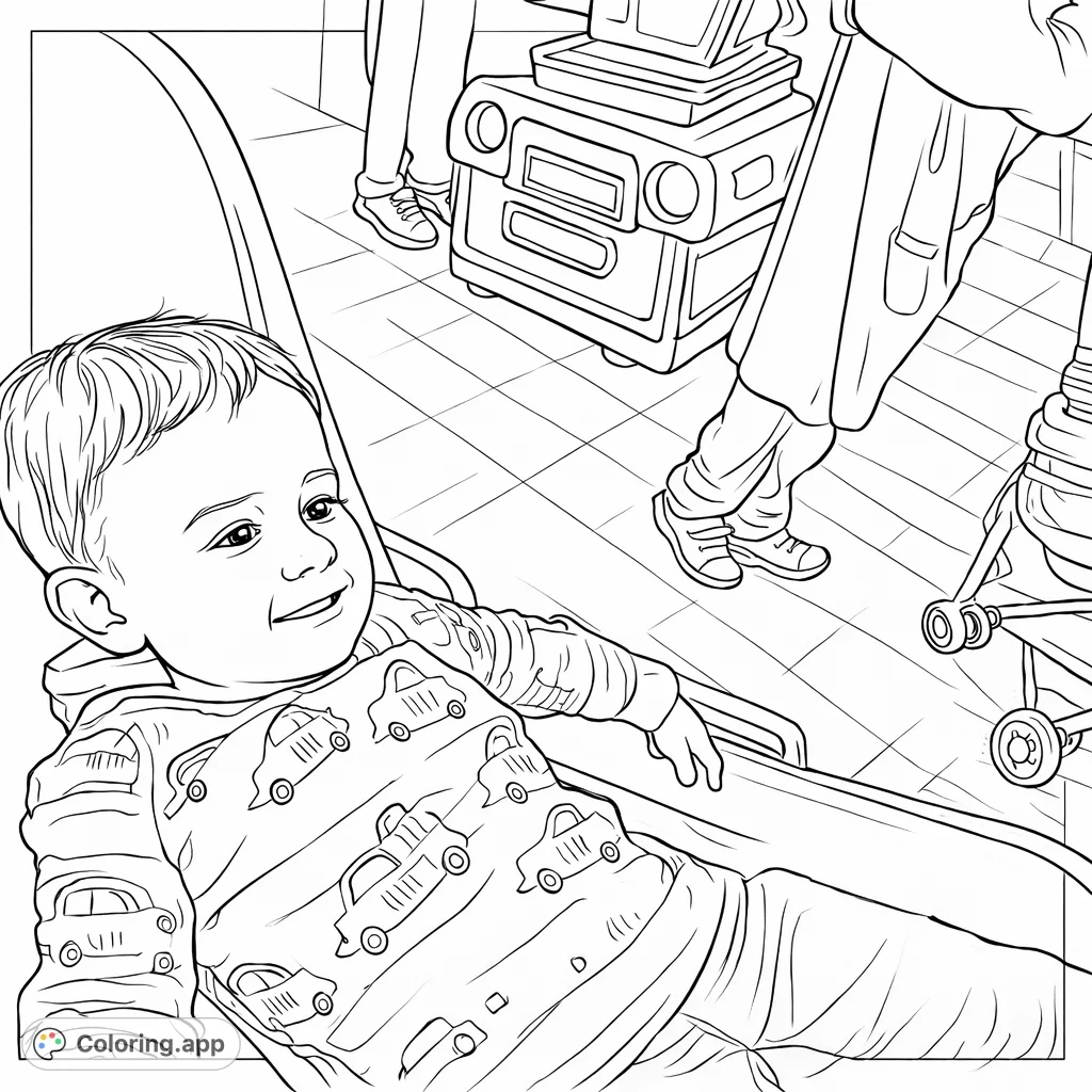 A cheerful toddler relaxes in a fun arcade seat, surrounded by playful vehicle patterns and the lively atmosphere of an amusement center.