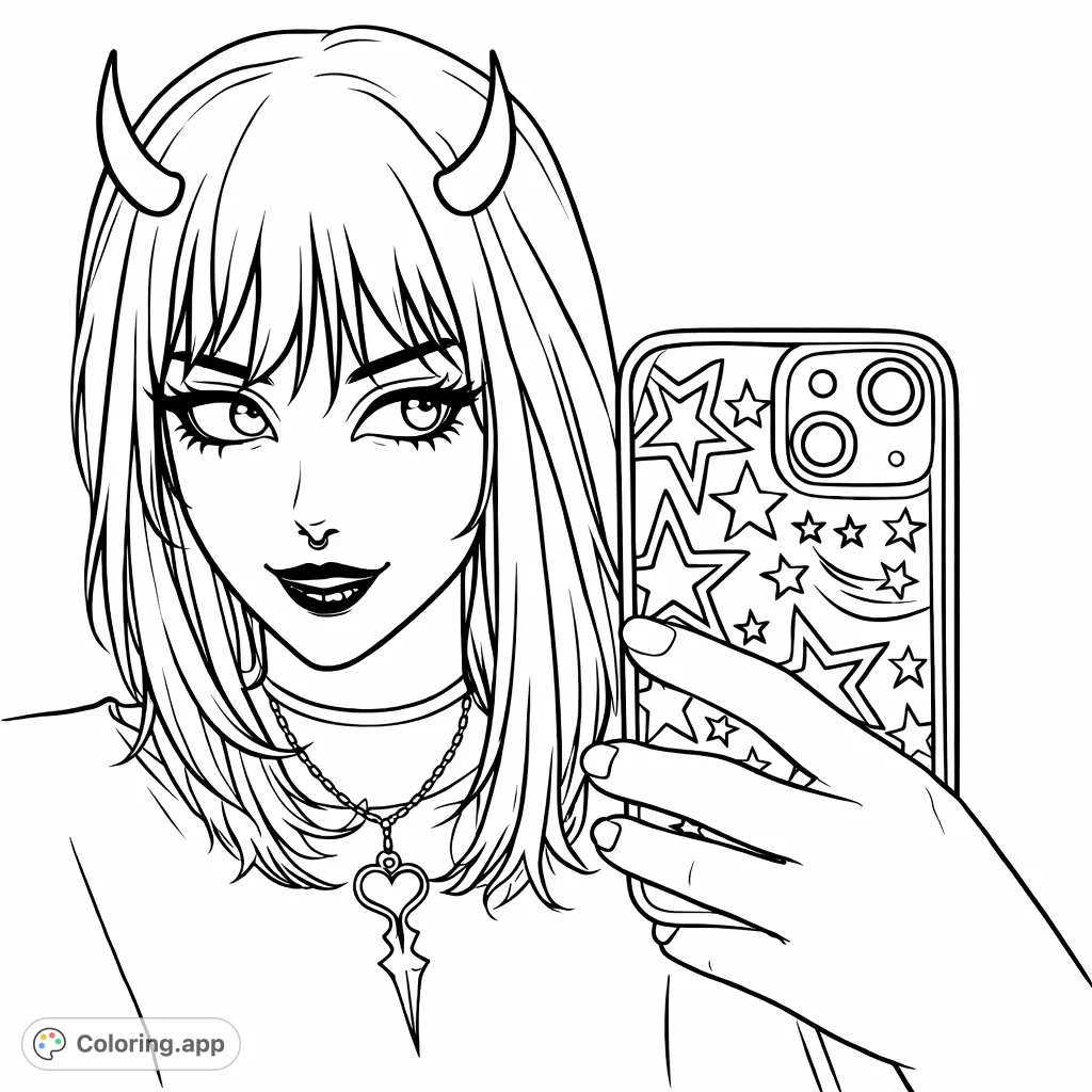 Dive into this expressive Goth-inspired character, complete with dramatic makeup, devil horns, a cross necklace, and a star-patterned phone case. A unique coloring adventure!