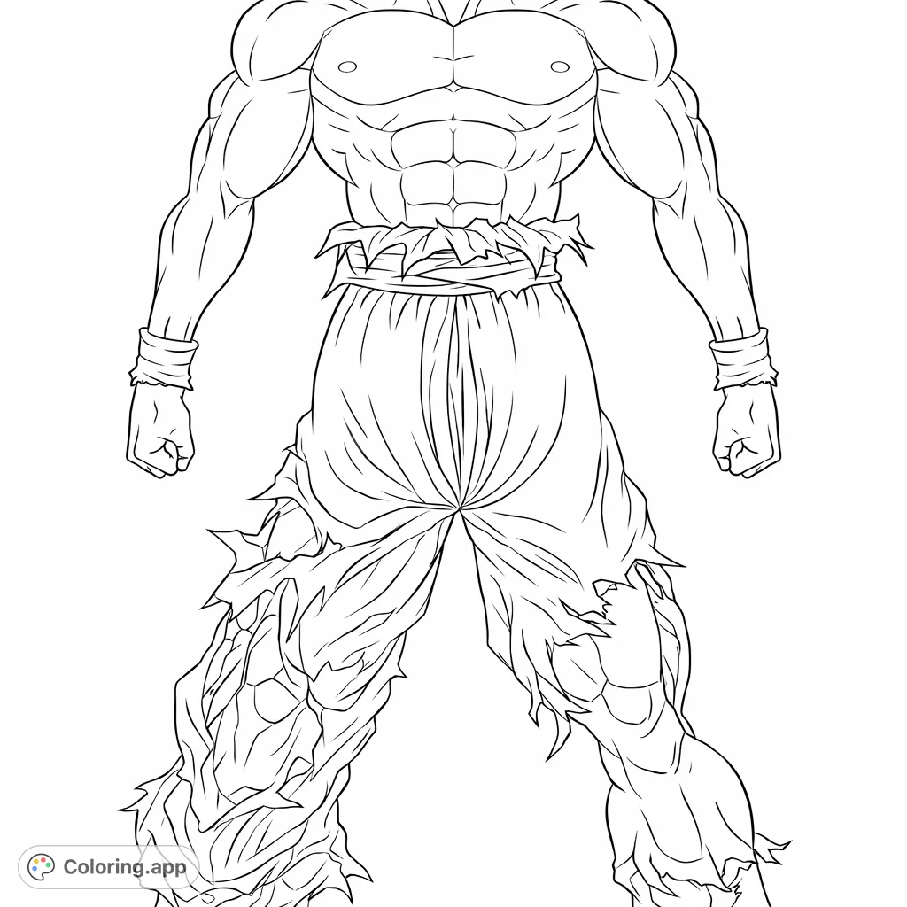 A powerful anime-style warrior stands ready for action, showcasing a heavily muscled physique and torn battle attire. Perfect for fans of action heroes.
