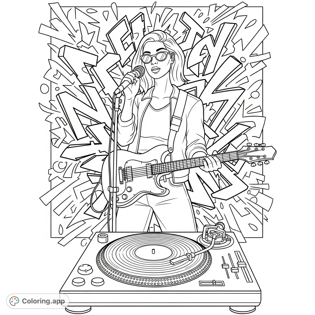 Immerse yourself in this dynamic graffiti-style music coloring page featuring a confident singer, turntable, and guitar, ready for your artistic touch.
