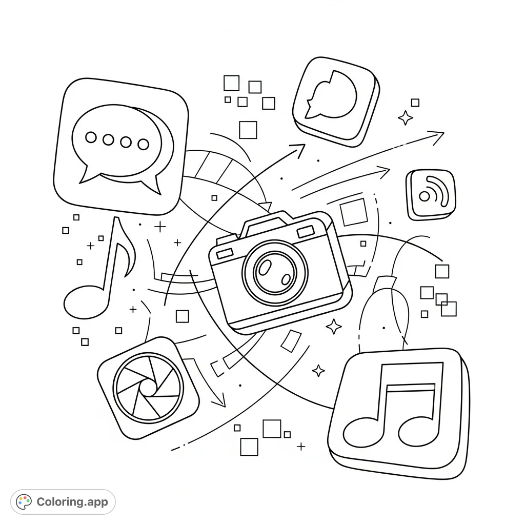 An abstract app icons coloring page with stylized chat bubbles, camera lenses, and musical notes, connected by interactive lines, floating over a pixel grid background.