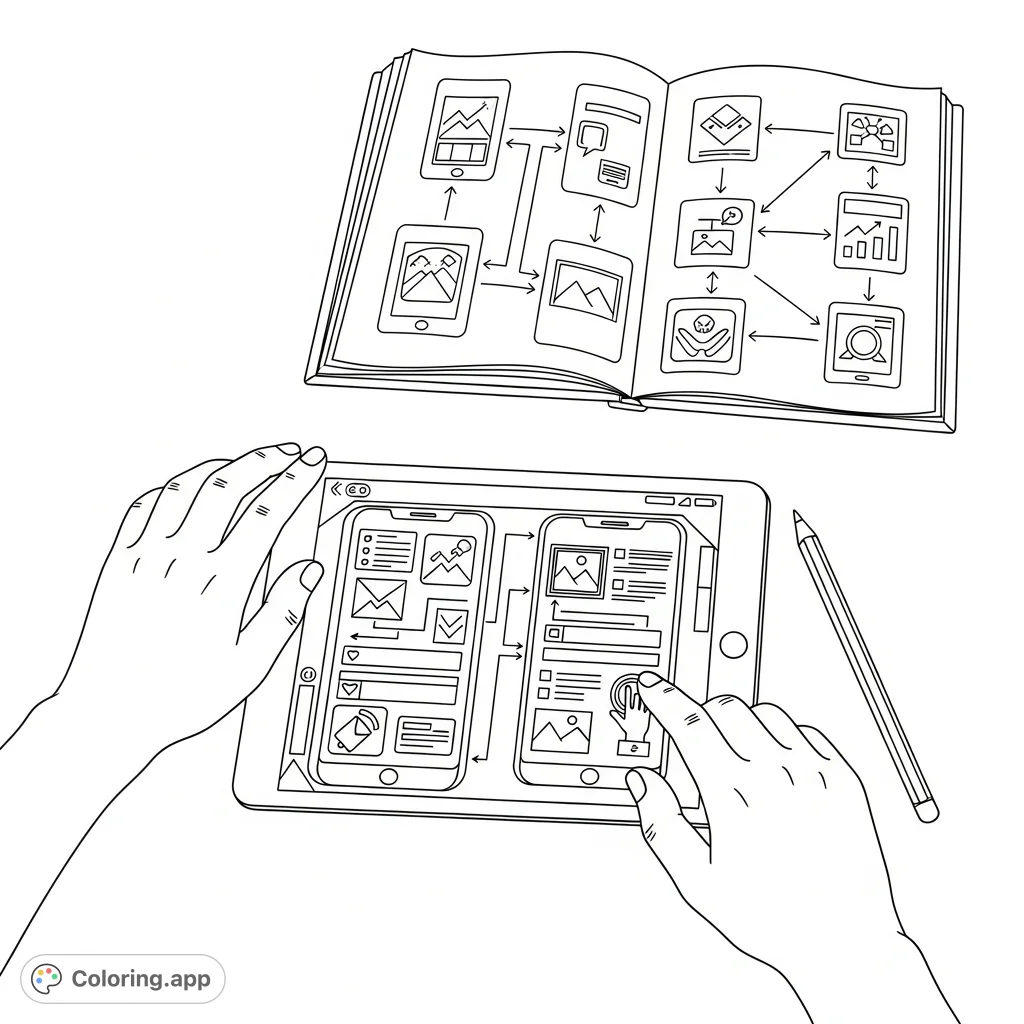 Immerse yourself in a detailed digital design workspace coloring page, featuring hands on a tablet displaying wireframes and a sketchbook with app ideas.
